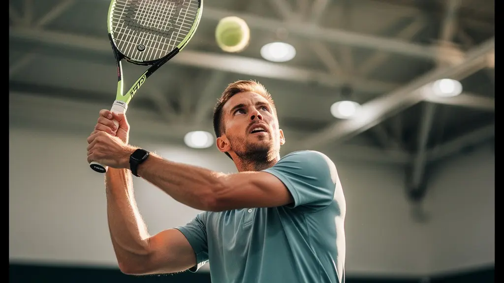 Tennis player practicing modified serve technique in indoor court