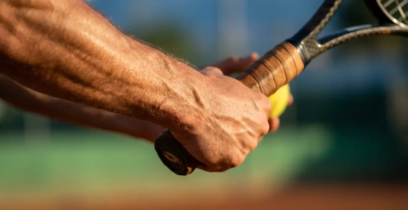 Extreme close-up of tennis player's wrist position during serve contact showing proper alignment