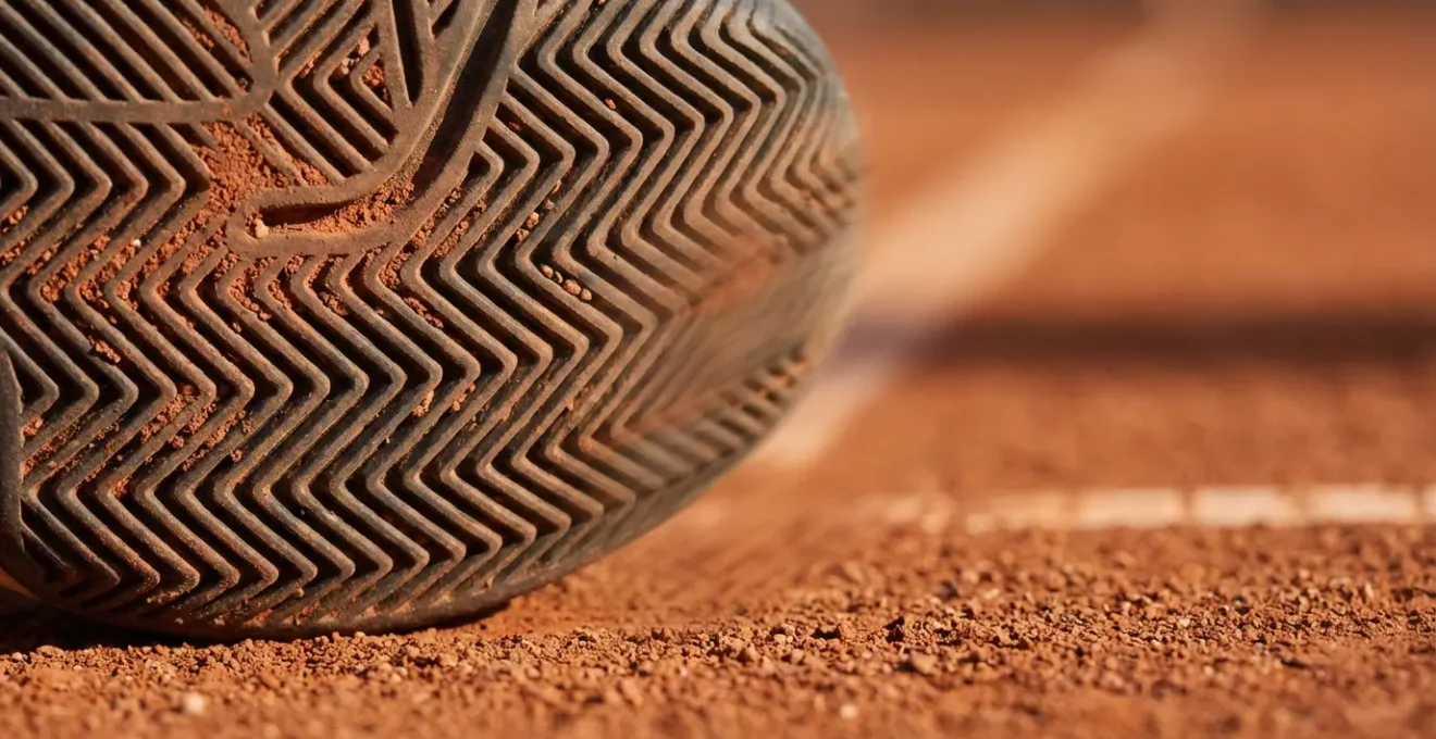 Close-up view of tennis shoe outsole with herringbone pattern on clay court surface