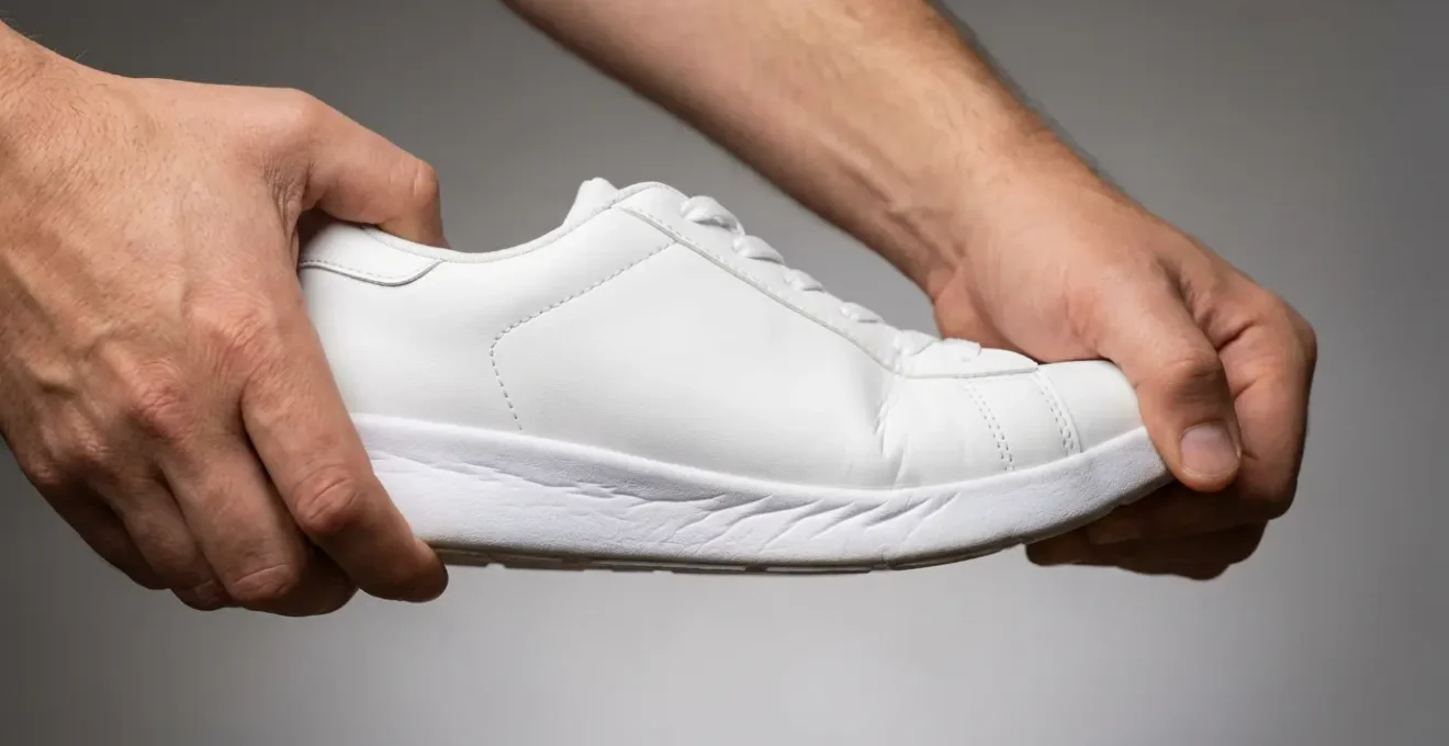 Close-up of two hands performing a torsion test on a white tennis shoe, twisting it to check for structural integrity.