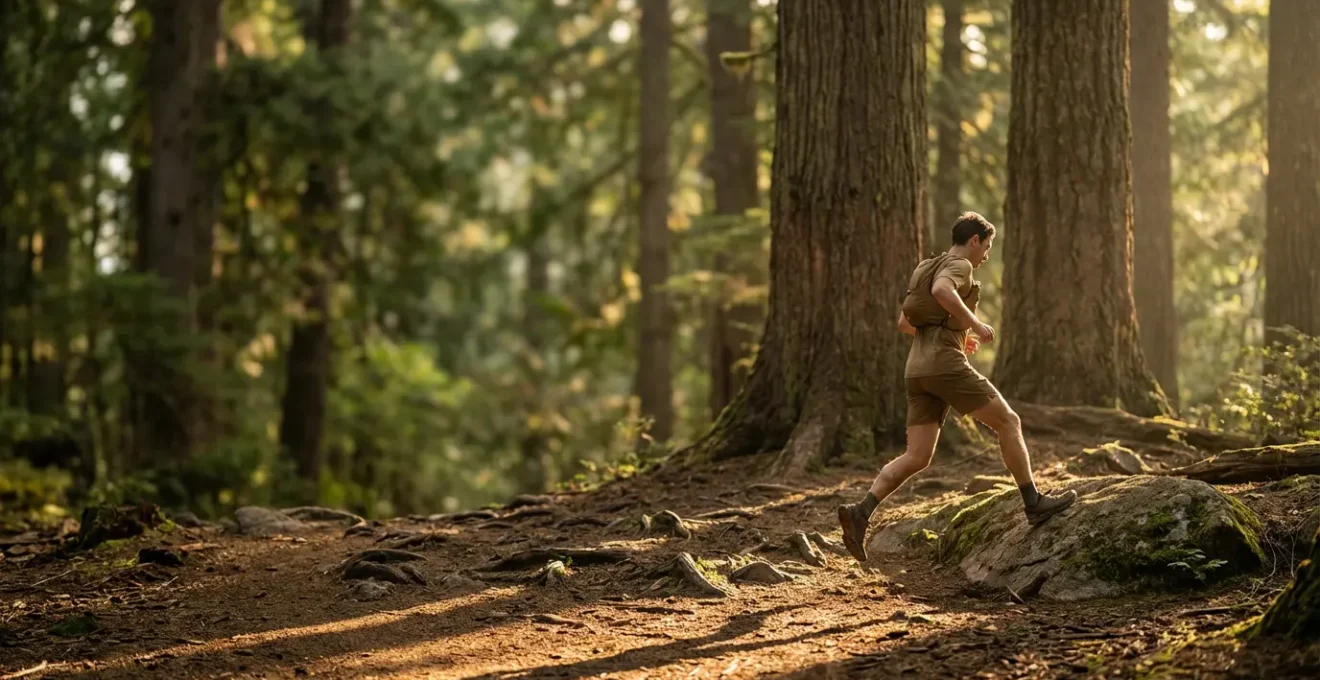 Trail runner mid-stride on an uneven forest path showing proper ankle positioning and natural running form