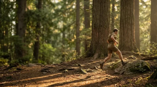 Trail runner mid-stride on an uneven forest path showing proper ankle positioning and natural running form