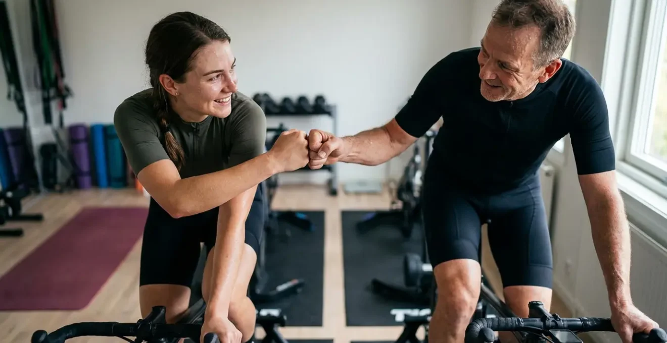 Two cyclists sharing a moment of partnership during indoor training session