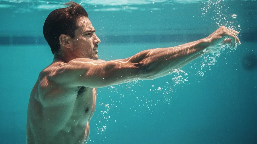 Athlete performing hydro-resistance training underwater in crystalline pool
