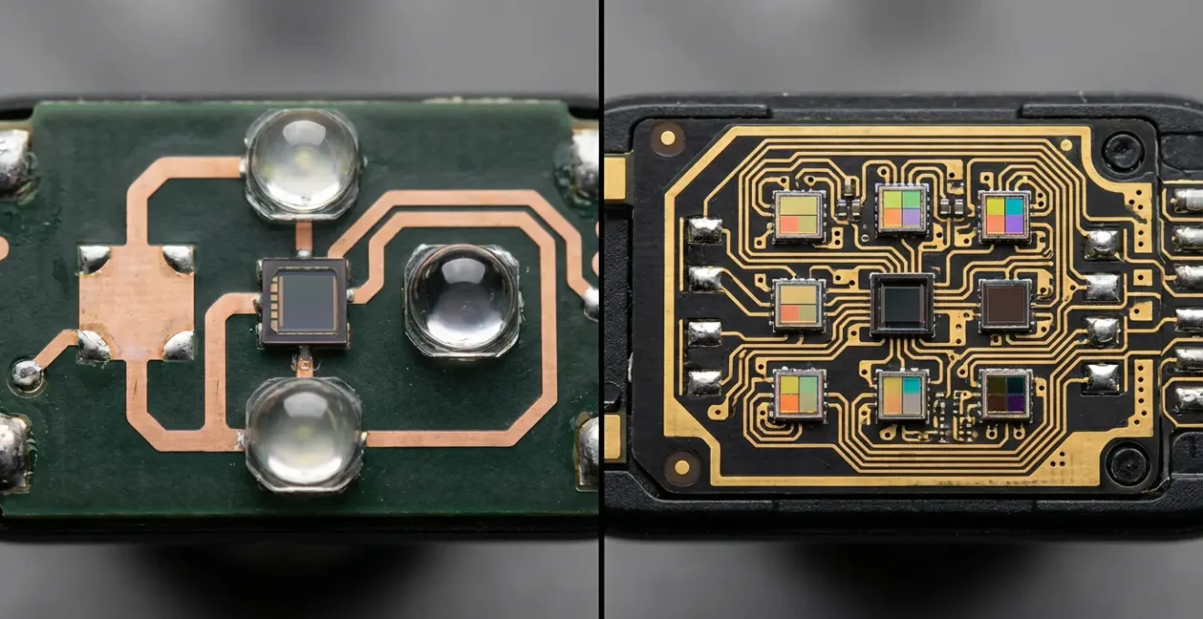 Macro shot comparing sensor technology between old and new fitness devices