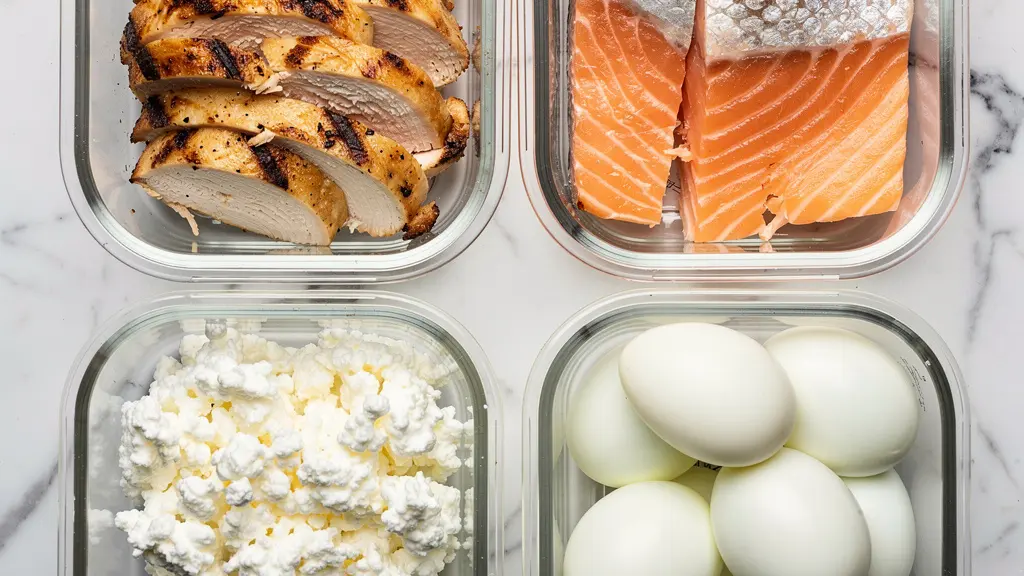Glass meal prep containers arranged showing different protein sources for the week