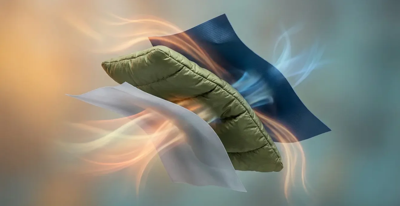 Cross-section view of three-layer athletic clothing system showing moisture transport