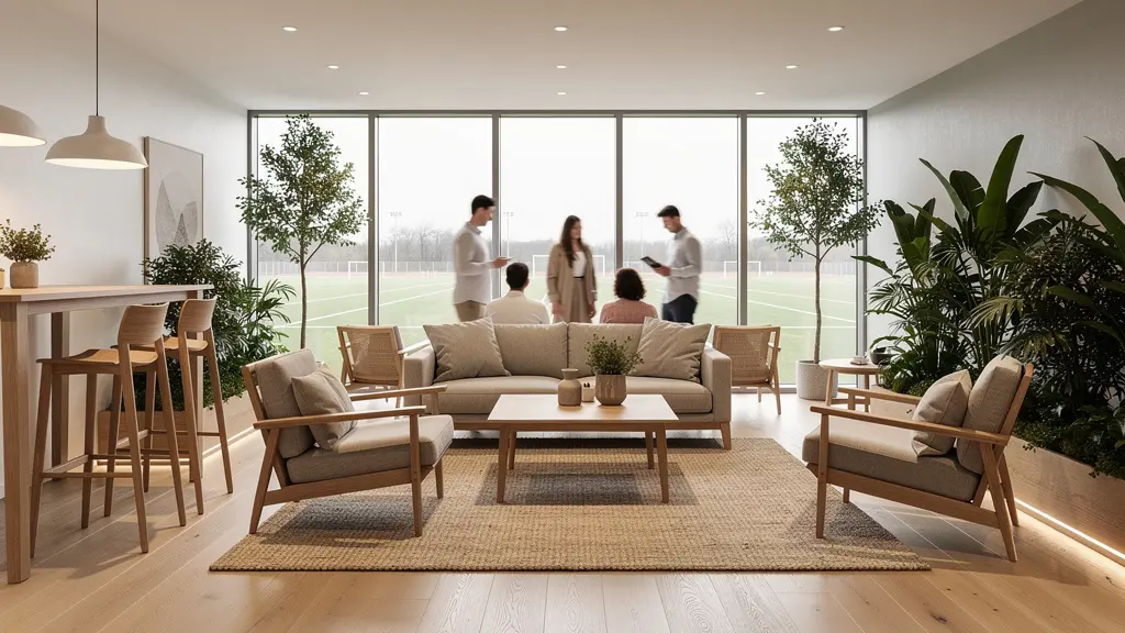 Wide shot of a sports club's social area designed as a welcoming third place with comfortable seating and natural light Wide shot of a sports club's social area designed as a welcoming third place with comfortable seating and natural light